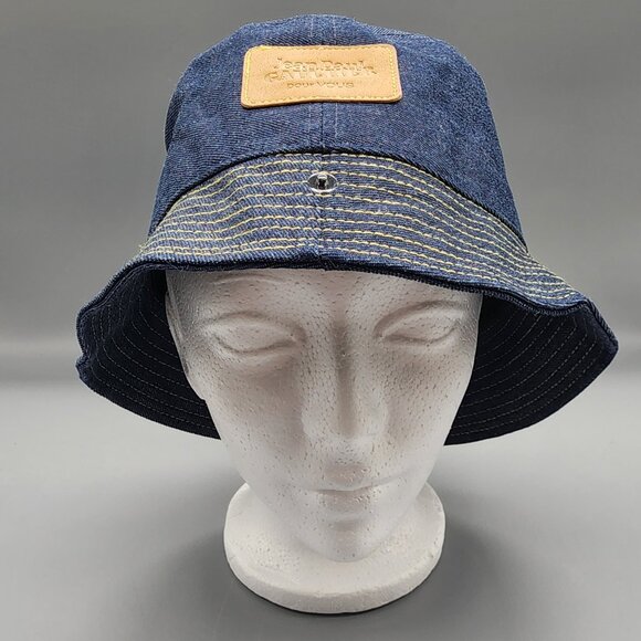 Jean Paul Gaultier Par Vous Blue Denim Bucket Hat Leather Embossed Logo Patch - Picture 2 of 7
